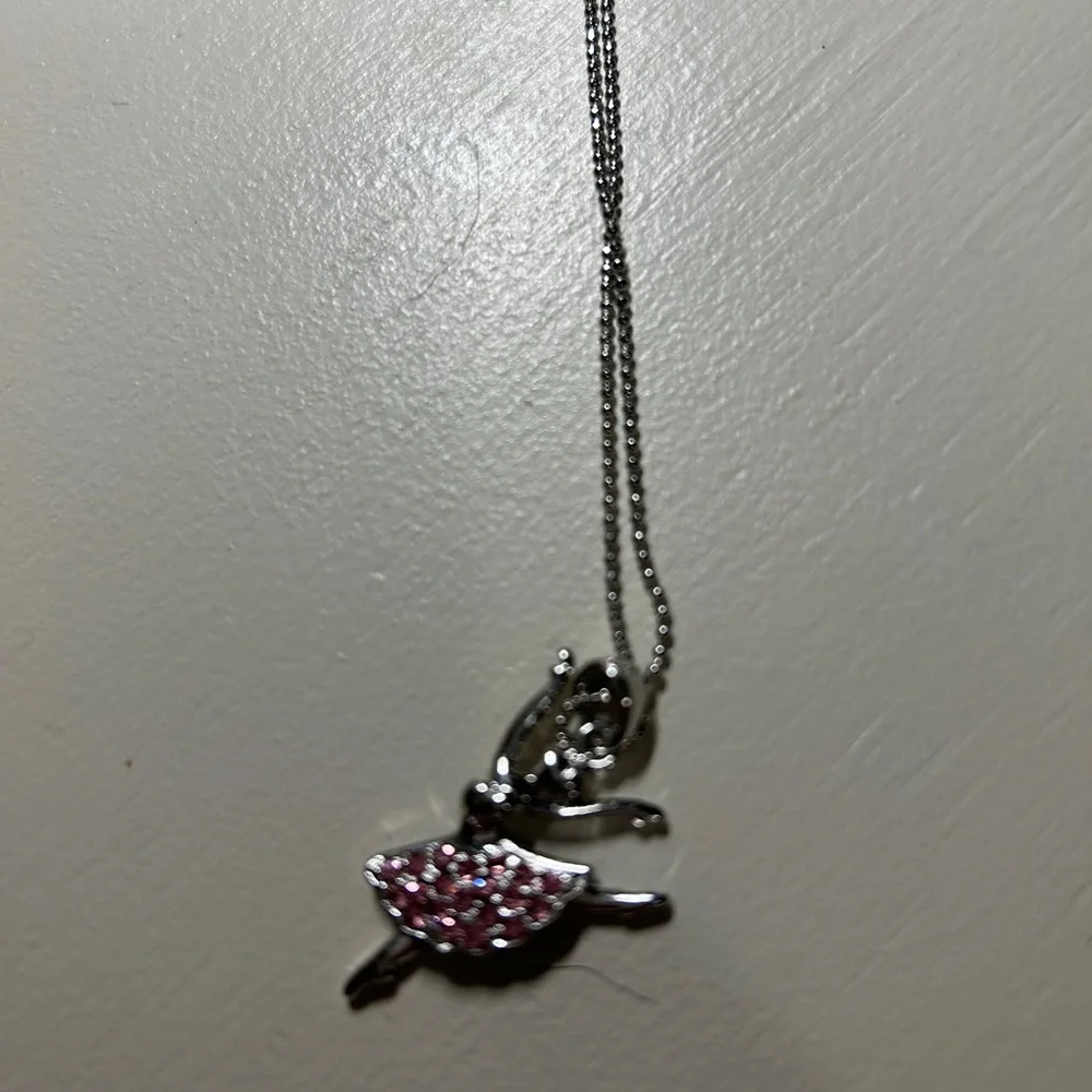 Girls 16” silver necklace & 2”extender. Ballerina pendant with pink stones.